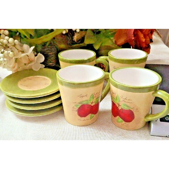 Cups and Saucers Set of 4 Cracker Barrel Susan Winget Apple Orchard - Picture 2 of 10